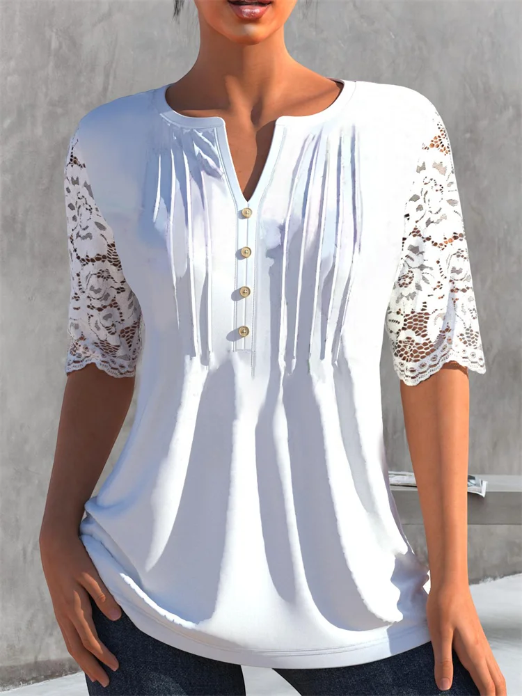 VChics Lace Sleeve Pleated Button Up T Shirt