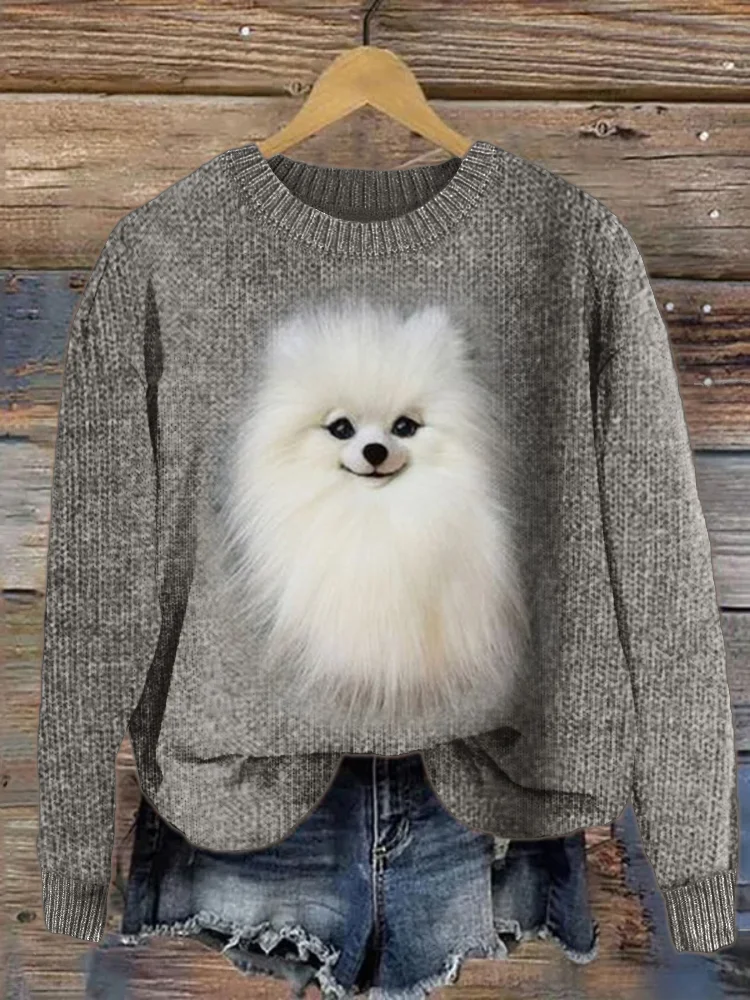 White Pom Dog Plush Cozy Knit Sweater