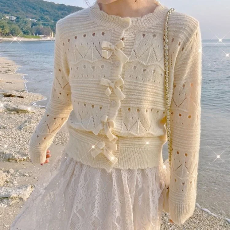 Fairy Tales Aesthetic Cream Color Cute Cardigan With Bows QueenFunky