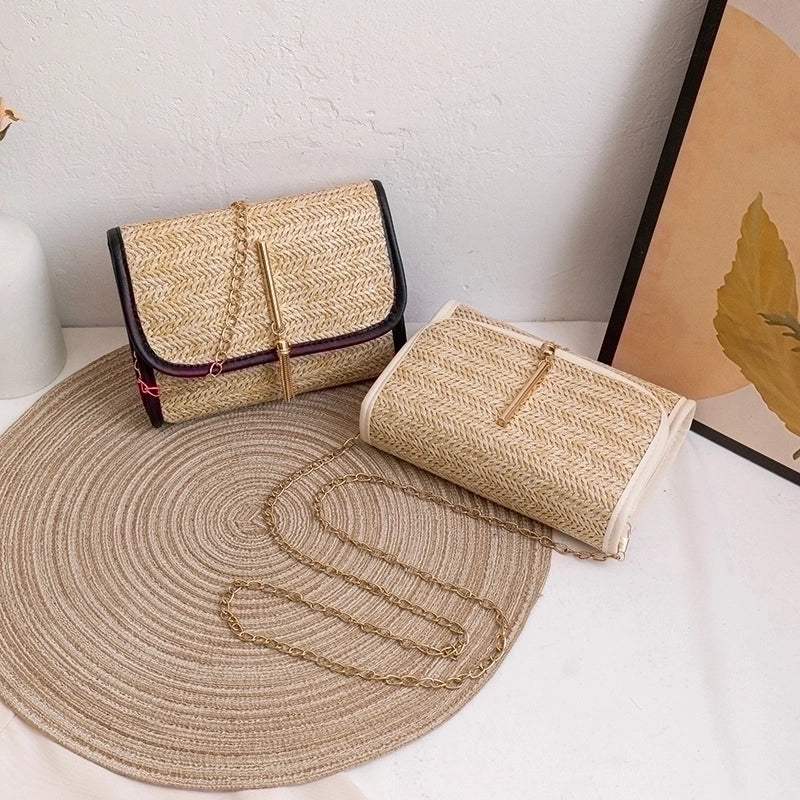 Women's Straw Solid Color Vacation Square Flip Cover Square Bag