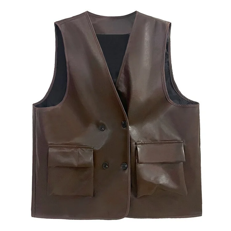 Retro Solid Color V-neck Double Breasted Pockets PU Waistcoat