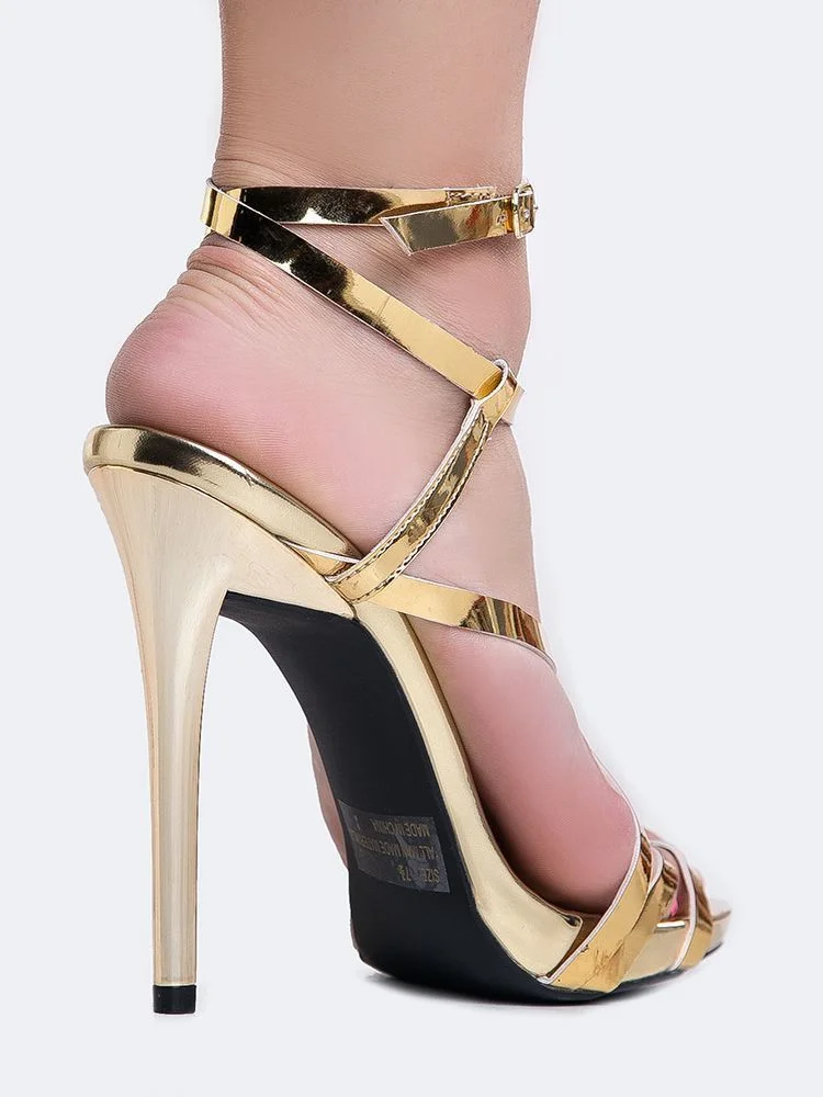 Women's Gold Sexy Strappy Sandals Open Toe Stiletto Heels |FSJ Shoes