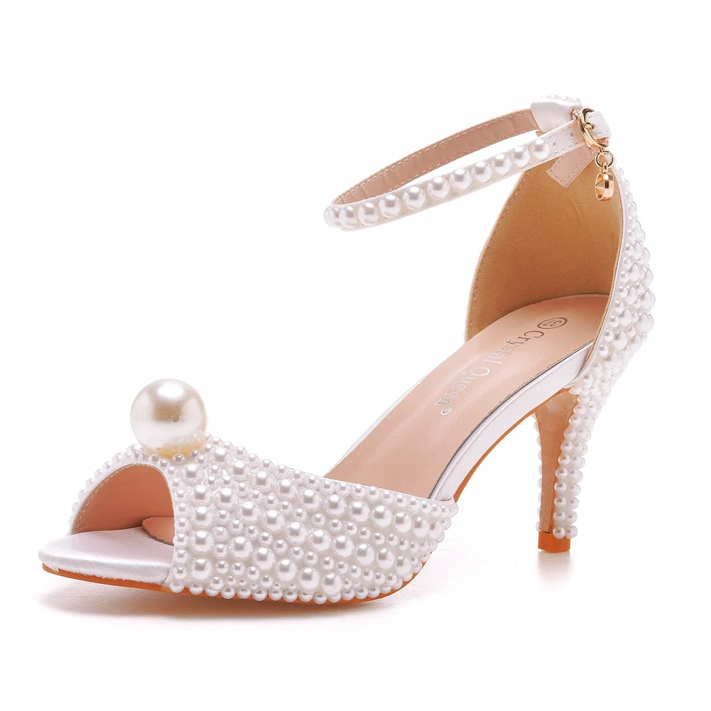 Breakj Breakj Cm Pearl Fish Mouth High Heel Sandals Shallow Buckle With Large-Size Round-Head High Heel White Ribbon Wedding Shoes