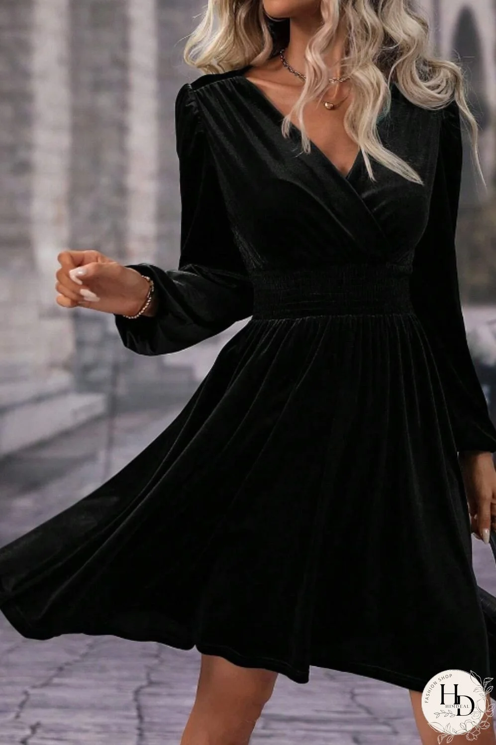 Surplice Long Sleeve Velvet Dress