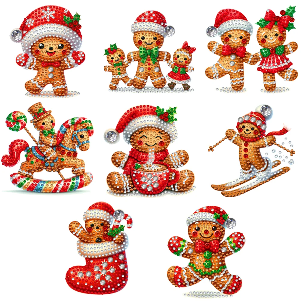 8Pcs DIY Christmas Gingerbread Man Acrylic Special Shaped Christmas Theme Diamond Painting Hanging Decorations