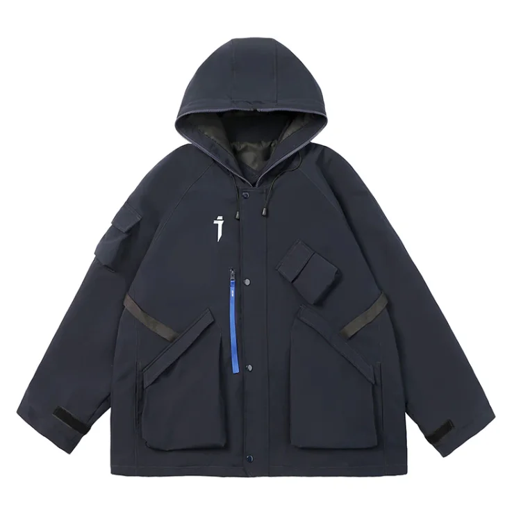 Function Loose Solid Color Hooded Pockets Zip-up Long Sleeve Coat