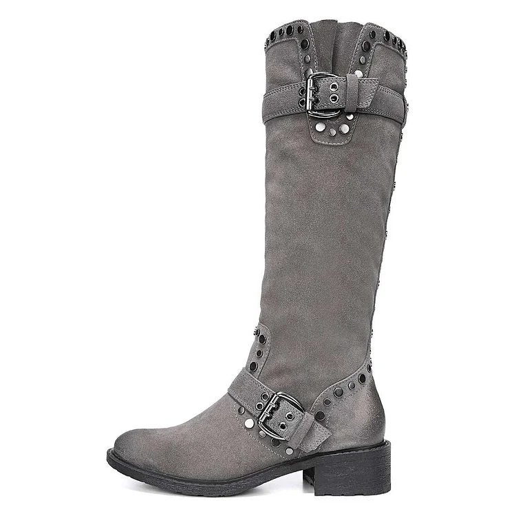 Grey Vegan Suede Stud Buckles Long Boots Block Heel Knee High Boots |FSJ Shoes