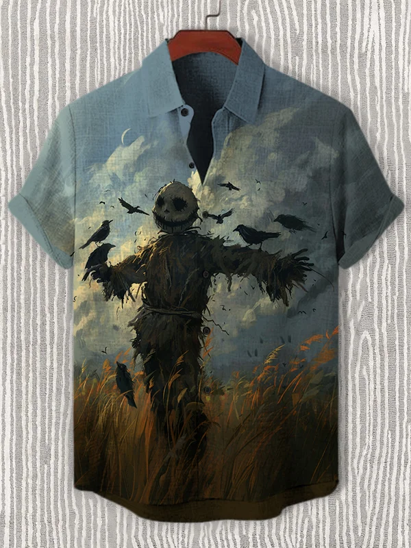 Men's Grimace Skull Scarecrow And Crow Print Casual Shirt