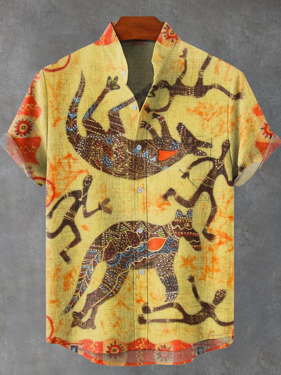 Vintage Abstract African Tribal Hunting Totem Painting Art Print Casual 100% Cotton Shirt
