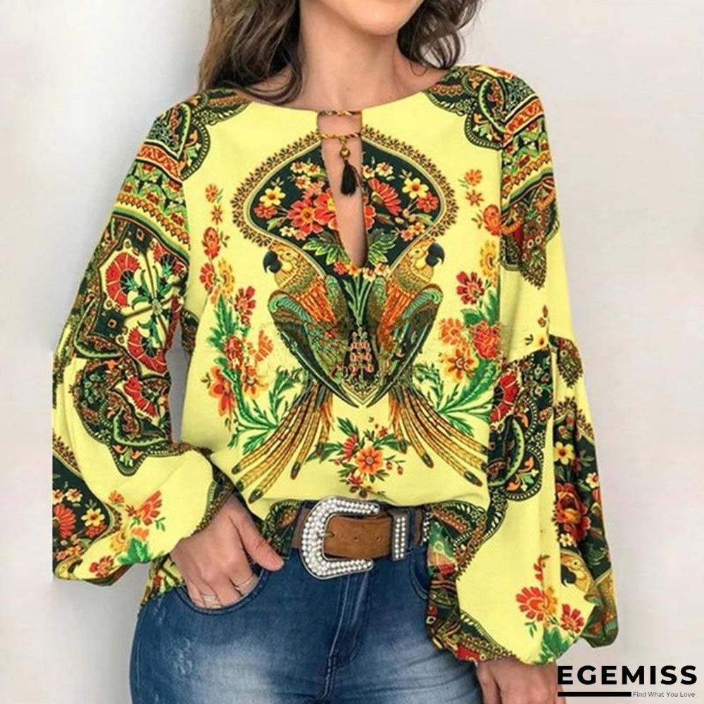 5XL Boho Floral Print Lantern Sleeve Shirt Sexy Lace-up Tassel O Neck Women Tops Blouse | EGEMISS