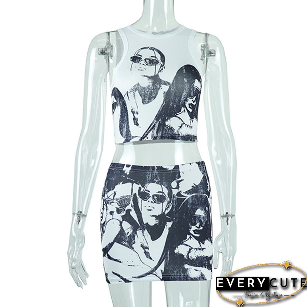 Women Graphic Outfit Y2k Aesthetic Print Crop Top And Mini Skirt Matching Set Punk Gothic Clothes Suit Clothing