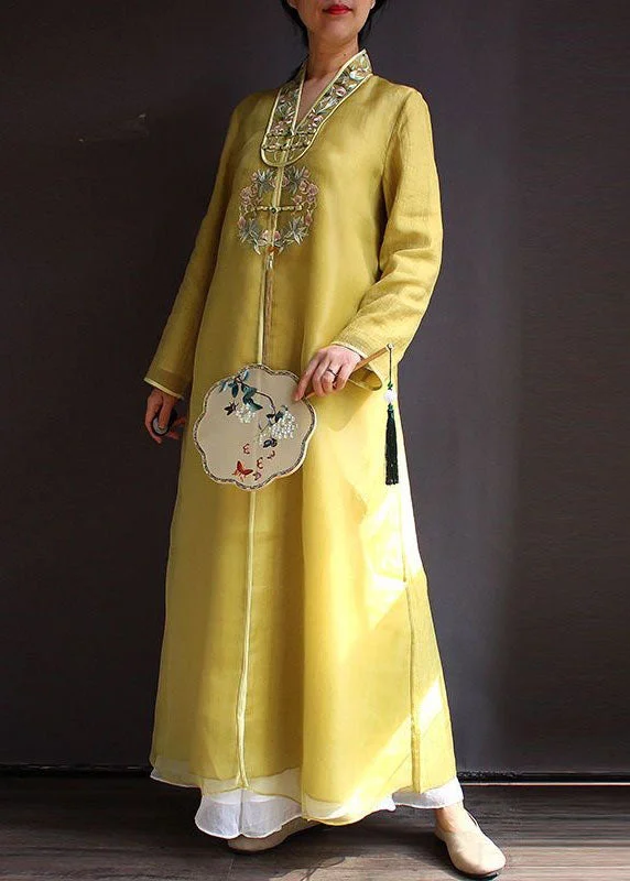 Bohemian Yellow V Neck Embroideried Patchwork Silk Dress Spring