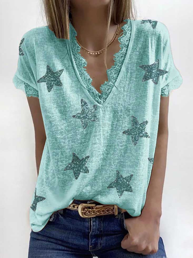 Women V-neck Short Sleeve Star Printed Lace Stitching Top T-shirt