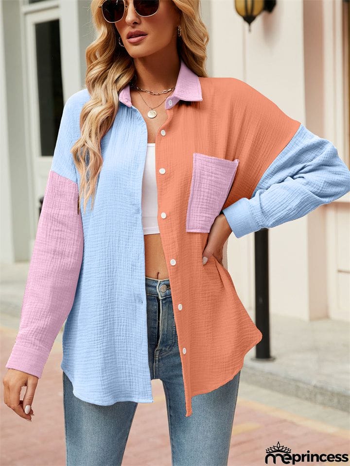 Vibrant Women's Contrast Color Lapel Long Sleeve Button Down Shirt