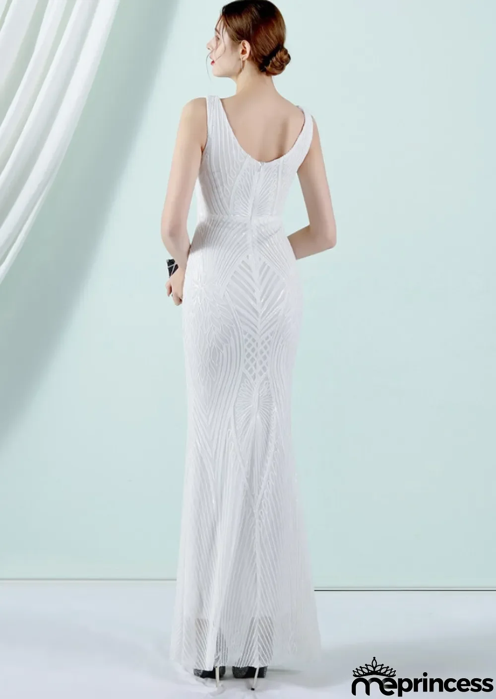 Women Summer White Formal V-neck Sleeveless Patchwork Sequined Mermaid Evening Dress