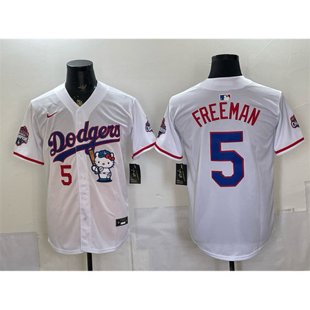 Youth Los Angeles Dodgers #5 Freddie Freeman White Hello Kitty Night 2025 World Series Champions Patch Stitched Baseball Jersey