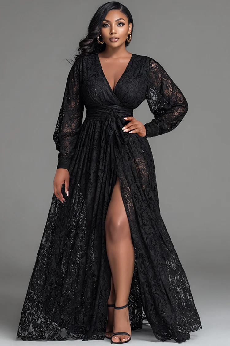 Xpluswear Design Plus Size Wedding Guest Black V Neck Long Sleeve Split Elegant See Through Lace Maxi Dresses [Pre-Order]