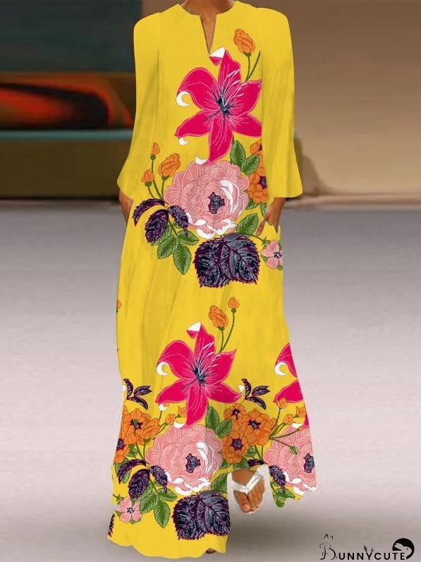 Dresses Loose V-Neck Long Sleeve Pocket Print Dress for Women