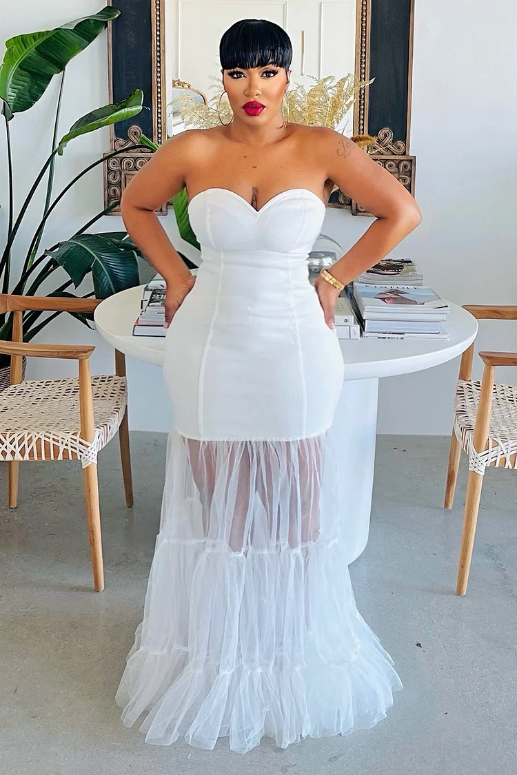 Strapless Slim-Fit Mesh Patchwork Hem Party Maxi Dresses-White [Pre Order]