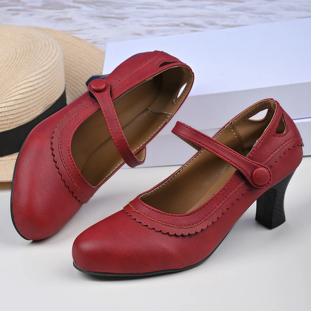 Breakj Breakj New Ladies Retro Mary Jane High Heels Large-Size Coarse Lace Round Head High Heel Single Shoes