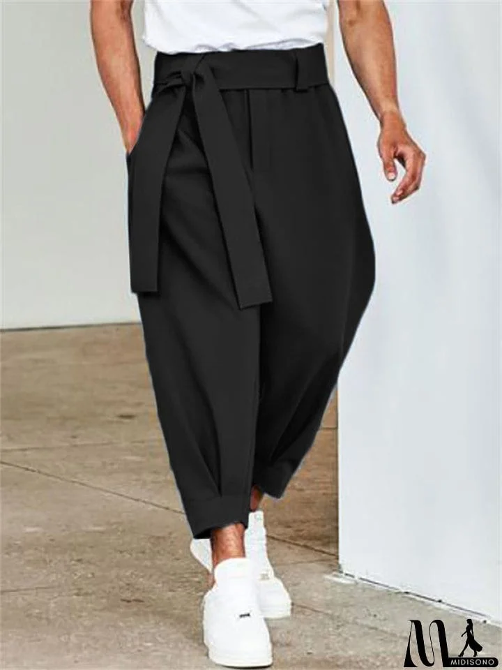MidiSono - Casual Solid Color Straight Leg Pants With Belt