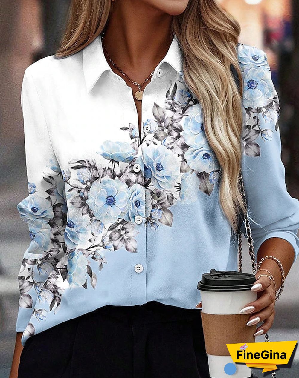 Blue Long Sleeve Print Shirt