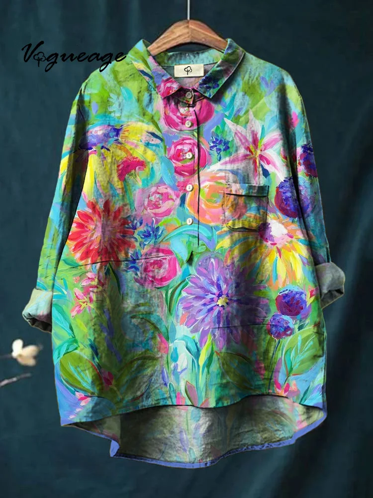 Oil Painting Plants And Flowers Printed Cotton And Linen Shirt