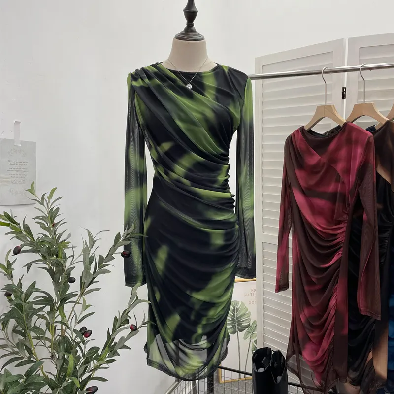 Brownm Vintage Tie-Dye Printing Irregular Folded Mesh Yarn Body-Body-Sleeve Dress 9901
