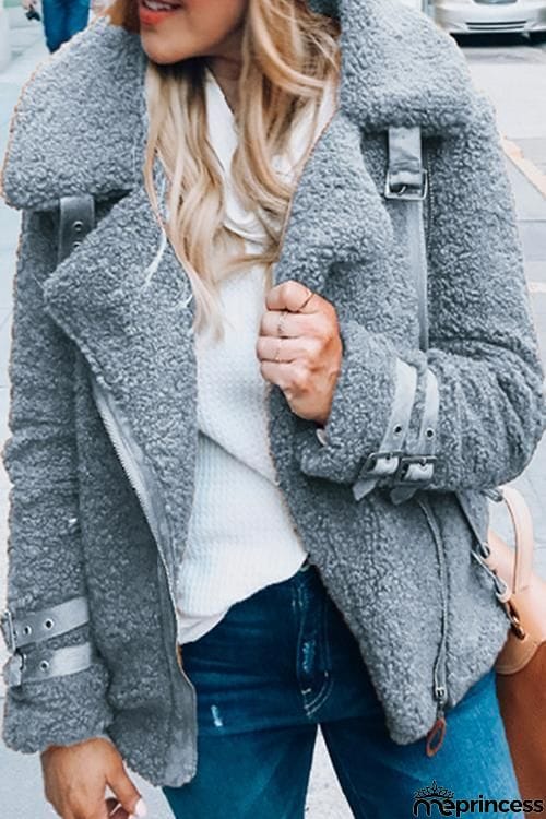 Buckle Fuzzy Zipper Coat