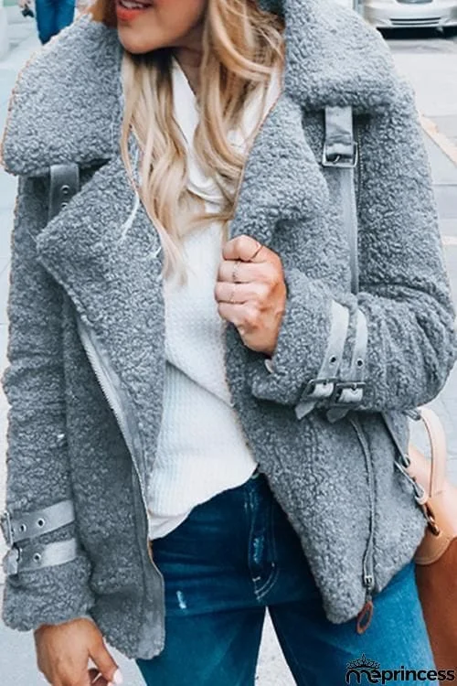 Buckle Fuzzy Zipper Coat