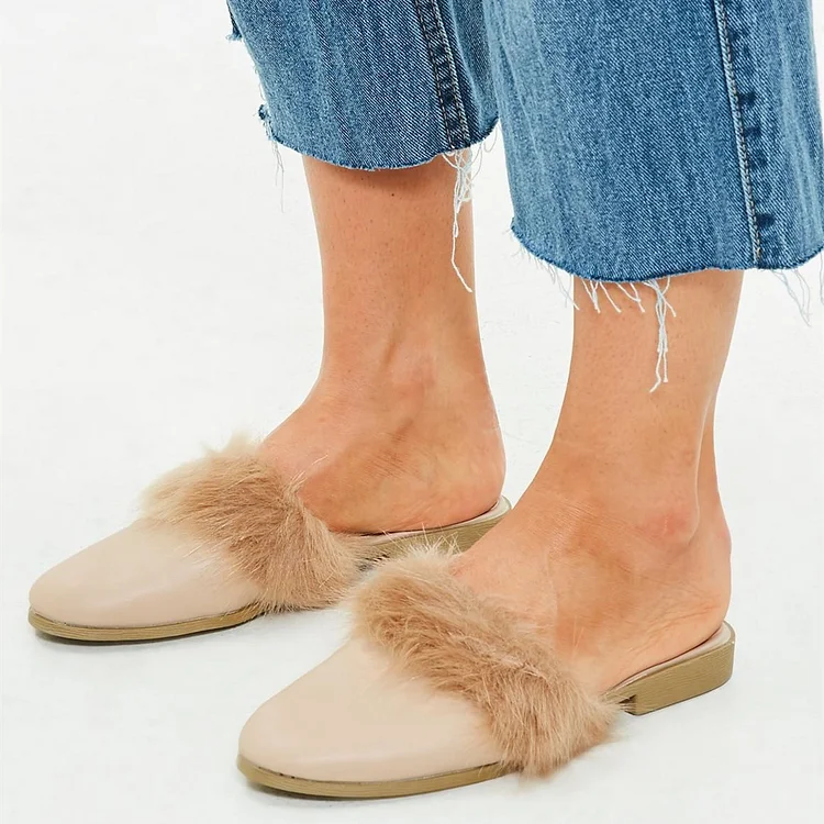 Nude Round Toe Faux Fur Comfortable Flat Mules |FSJ Shoes