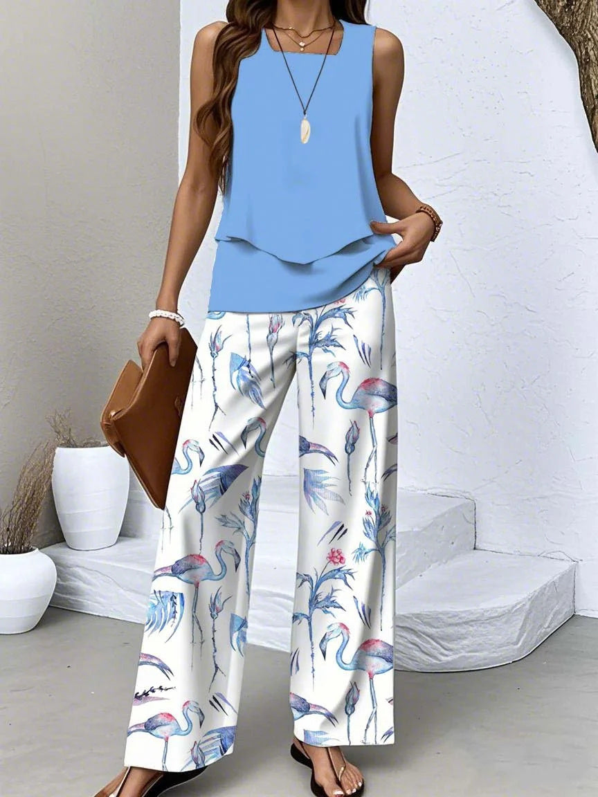 Women's Sleeveless Square Collar Floral Printed Casual Set