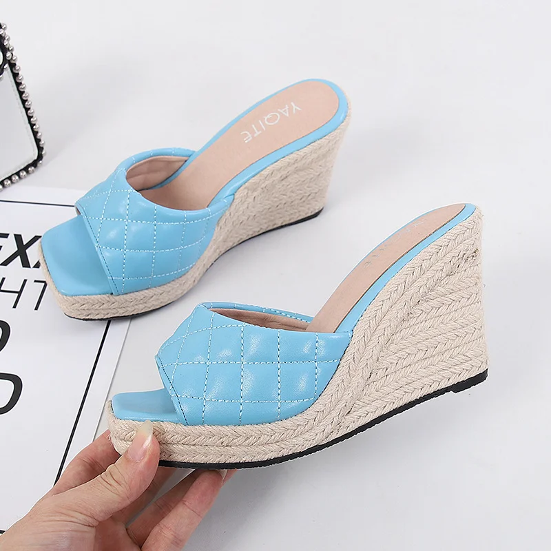 Wongn Wongn Slippers 2023 Summer New Thick Sole High Heel Retro Square-Headed Sandals Women's Fashionable Hemp Rope Grass Base