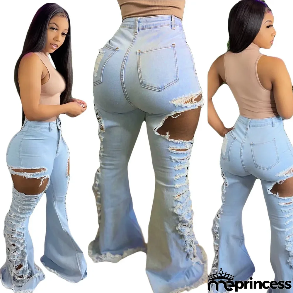 Fashion Sexy High Stretch Ripped Washed Women's Flared Jeans