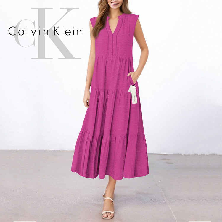 Calvin Klein dolga obleka brez rokavov z naborki in V-izrezom, ohlapna