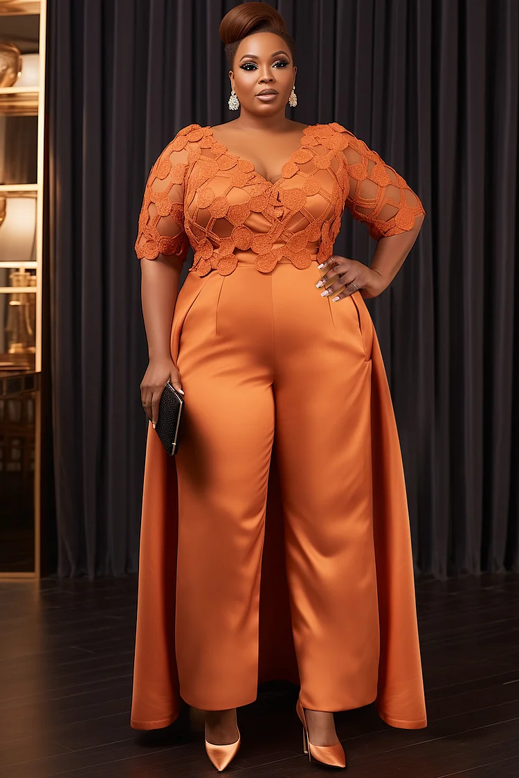 Xpluswear Design Plus Size Mother Of The Bride Orange Elegant V Neck Half Sleeve With Skirt Overlay Contrast Lace Satin Jumpsuits [Pre-Order] 2024 - Xpluswear