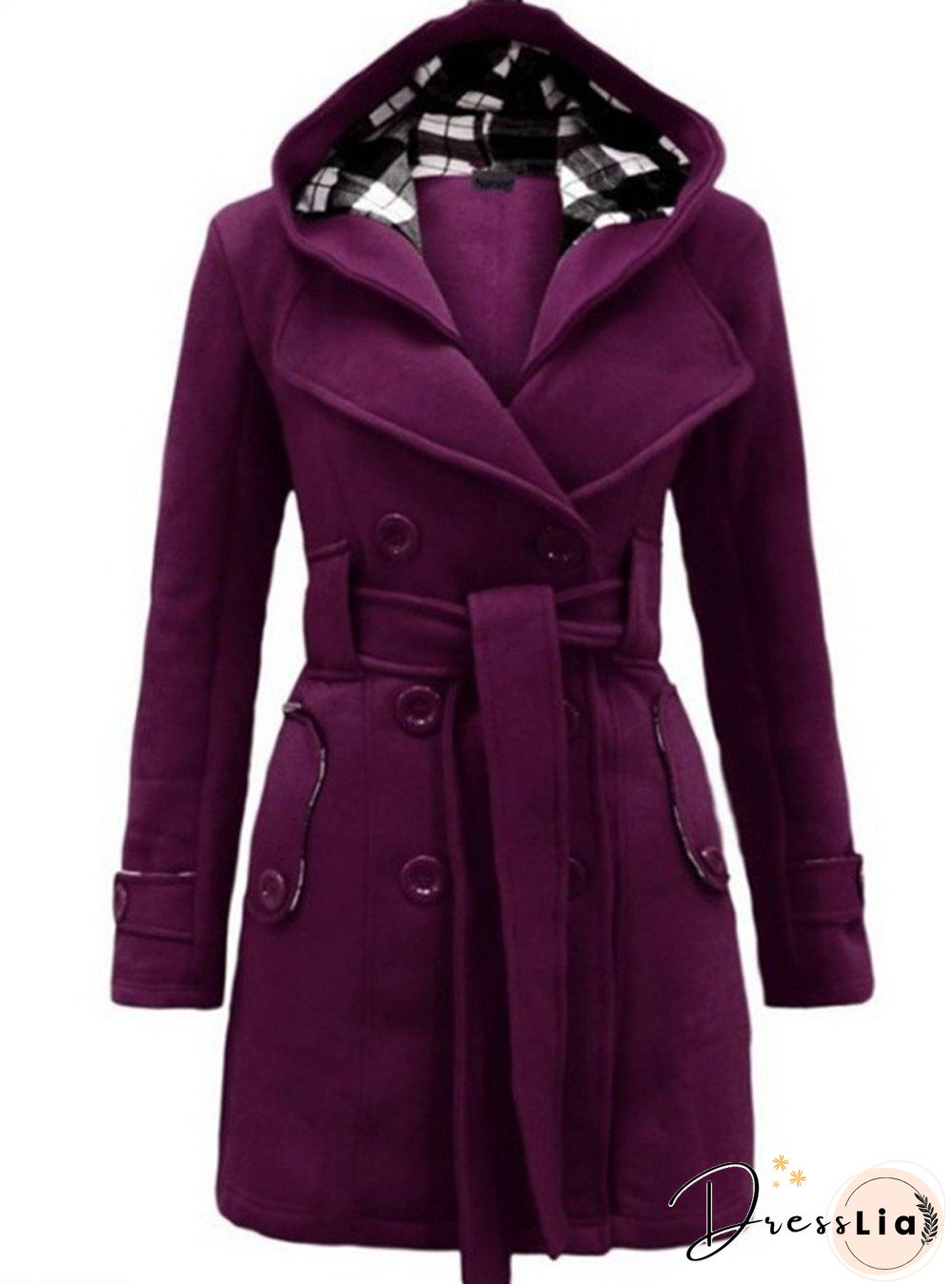 Checked Hooded Woolen Coat With Long Belt