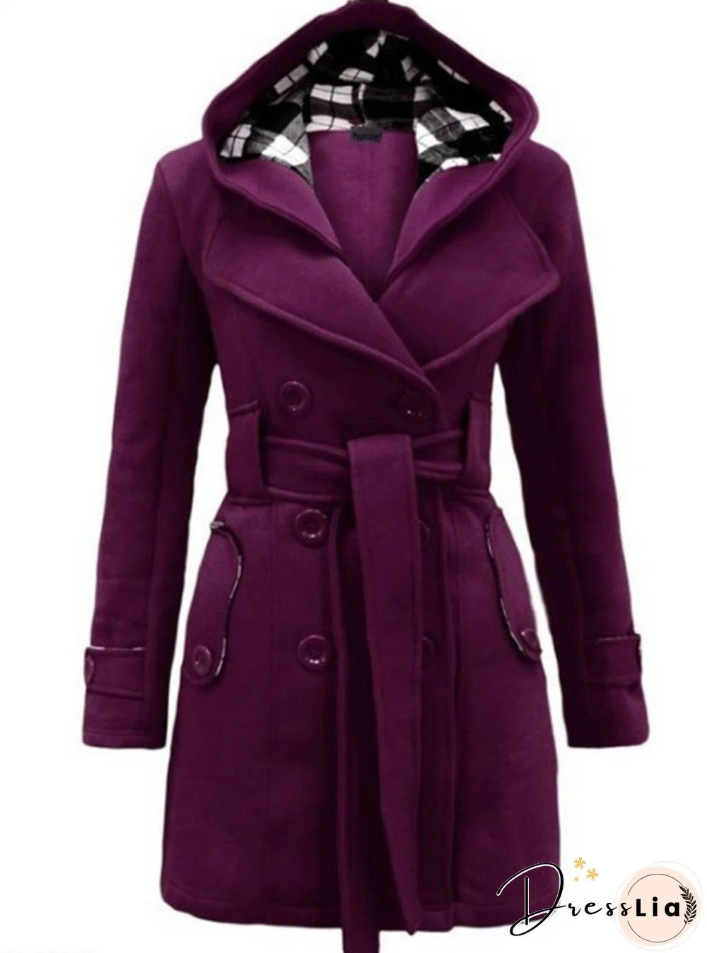 Checked Hooded Woolen Coat With Long Belt