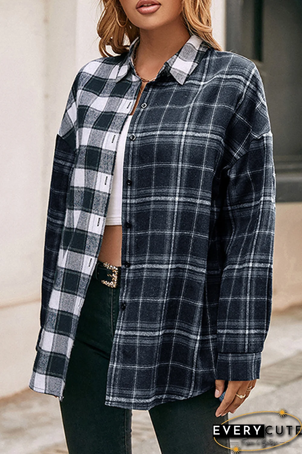Casual Plaid Split Joint Buckle Turndown Collar Tops
