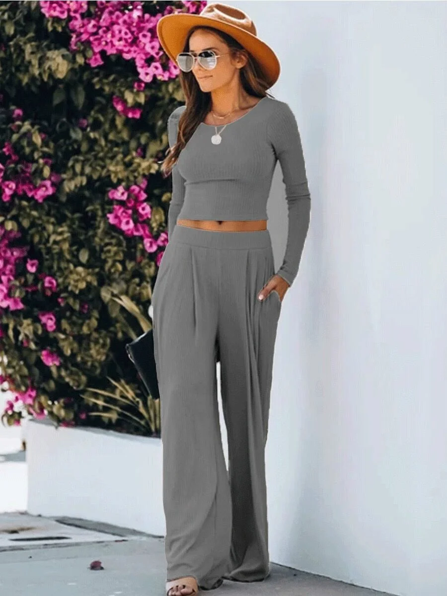 Hot Fashion Solid Color Crop Top  Women's Long-sleeved Trousers Suit Loose Elastic Wide-leg Pants Casual Sets
