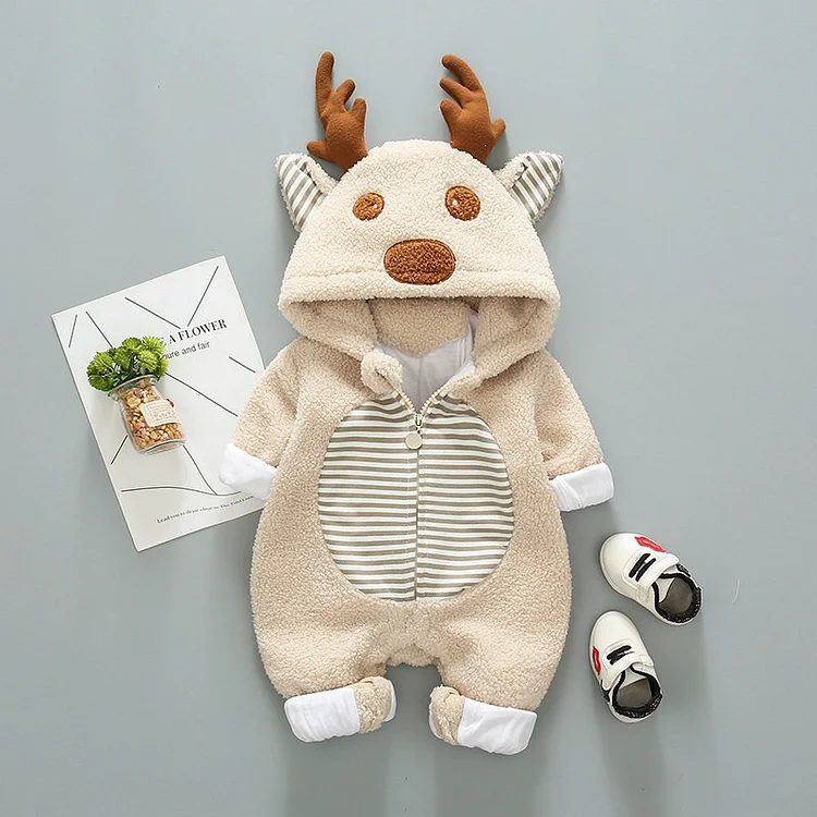 Baby Boy/Girl Deer Pattern Long Sleeve Fluff Hooded Romper