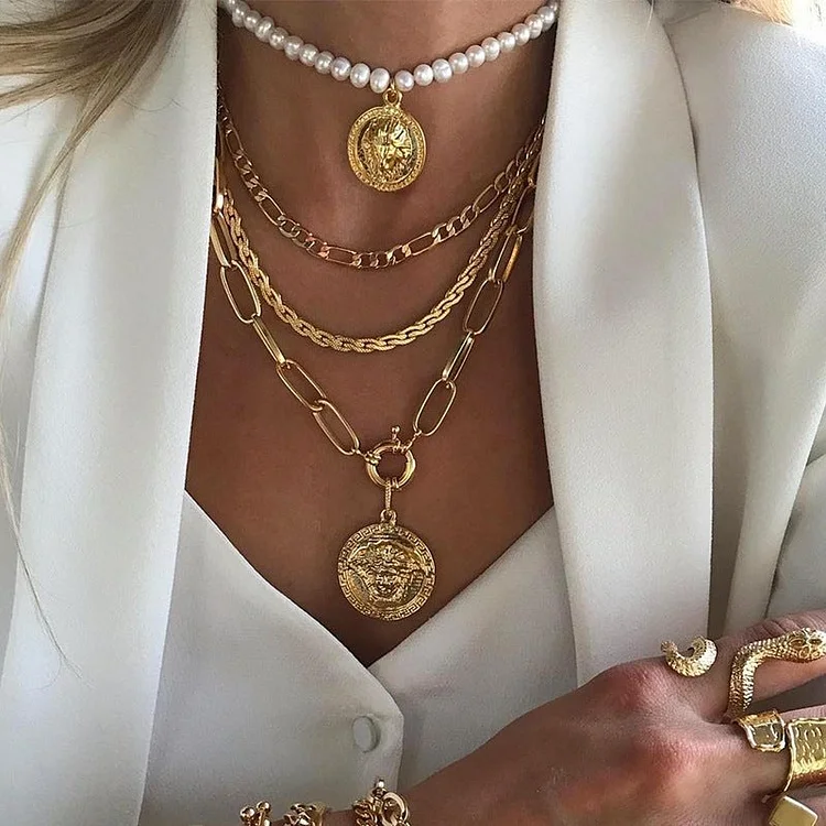 Vintage Baroque Style Pearl Pendant With Multi-layered Stacked Coin Necklace