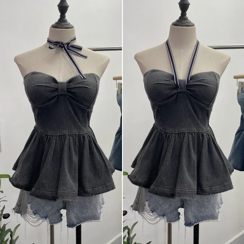 Churchf Real Shot With Chest Cushion Denim Sling Vest With Bow Hanging Neck Short Twiping Boat Blouse Woman 2611