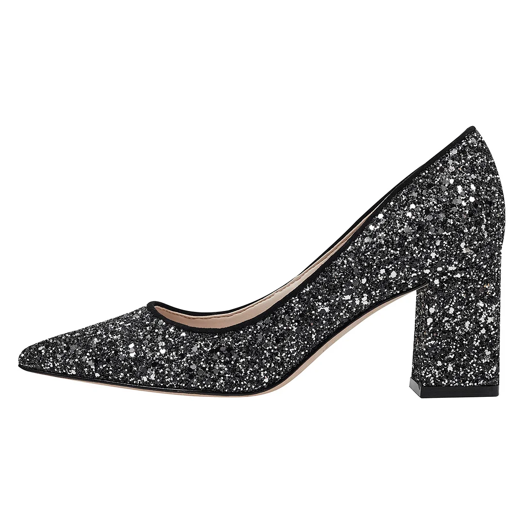 Black Glittery Touch Pointed Toe Block Heel Sparkling Pumps