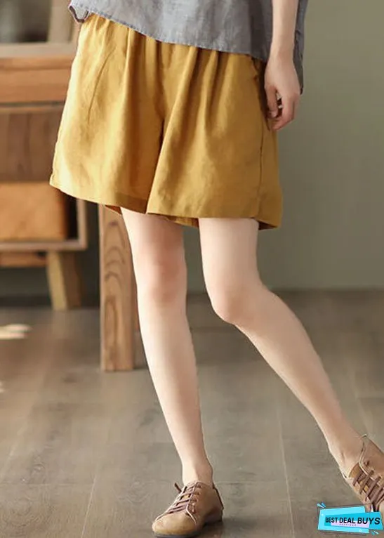 Yellow Pockets Elastic Waist Linen Shorts Summer