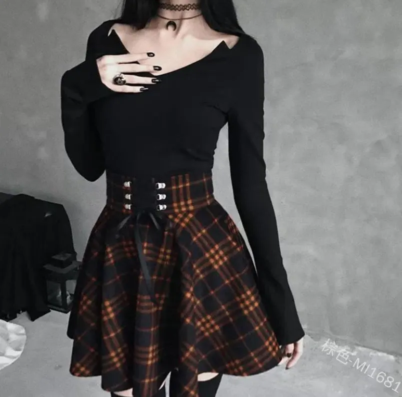 Brownm Brownm School Fresh College Style Lady Lattice Irregular Half-Dress Necrotling Belts With Thin Large Skirts