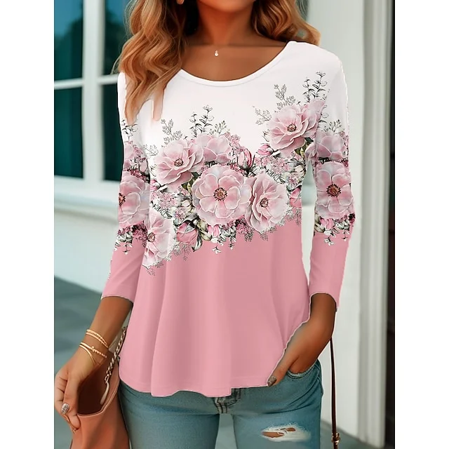 Women's T shirt Tee Pink Blue Purple Floral Print Long Sleeve Holiday Weekend Vintage Daily Basic Round Neck Regular Fit Floral Painting Fall & Winter