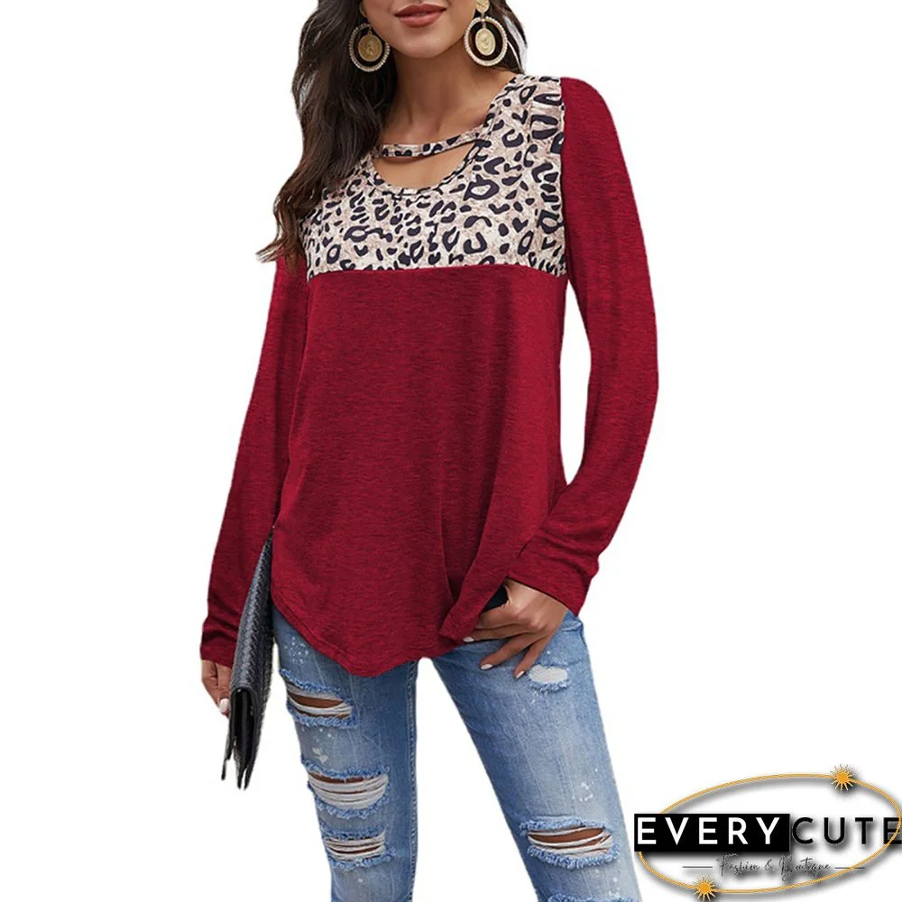 Wine Red Splice Leopard Neck Long Sleeve Tops