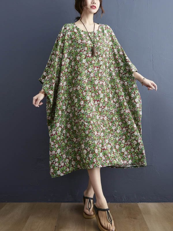 Vintage Loose Floral Printed Round-Neck Batwing Sleeves Midi Dress