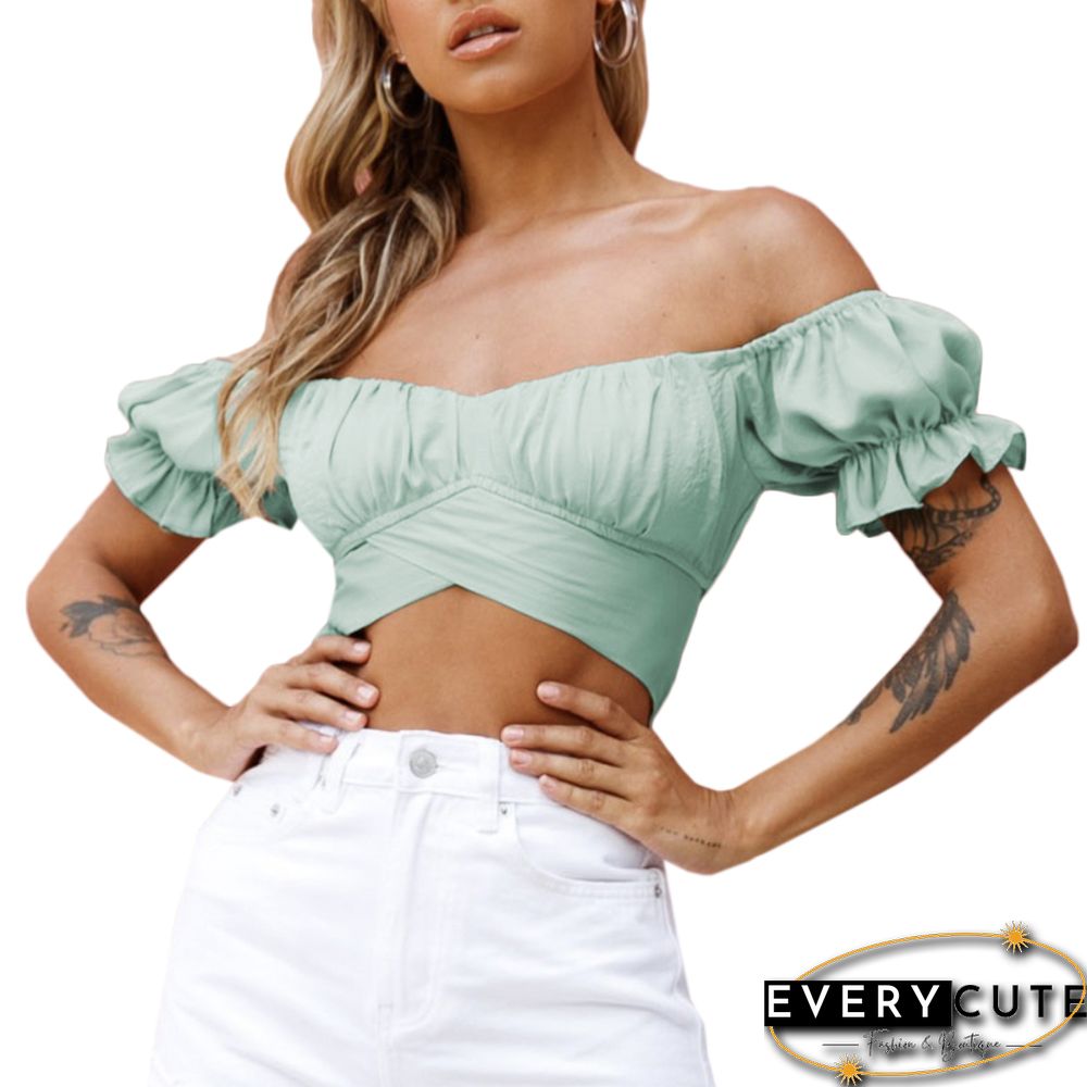 Light Green Off Shoulder Ruffled Crop Tops